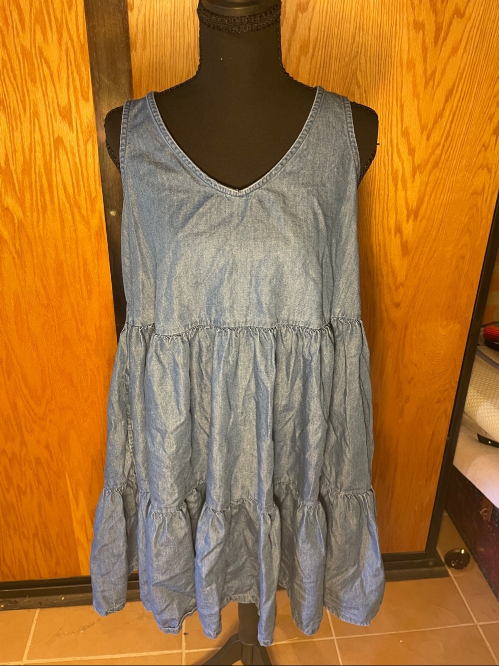 a.n.a Light Blue Denim Tiered V-Neck Casual Dress
